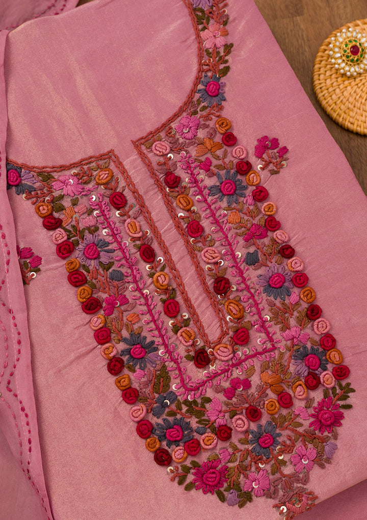 Onion Pink Threadwork Semi Crepe Unstitched Salwar Suit