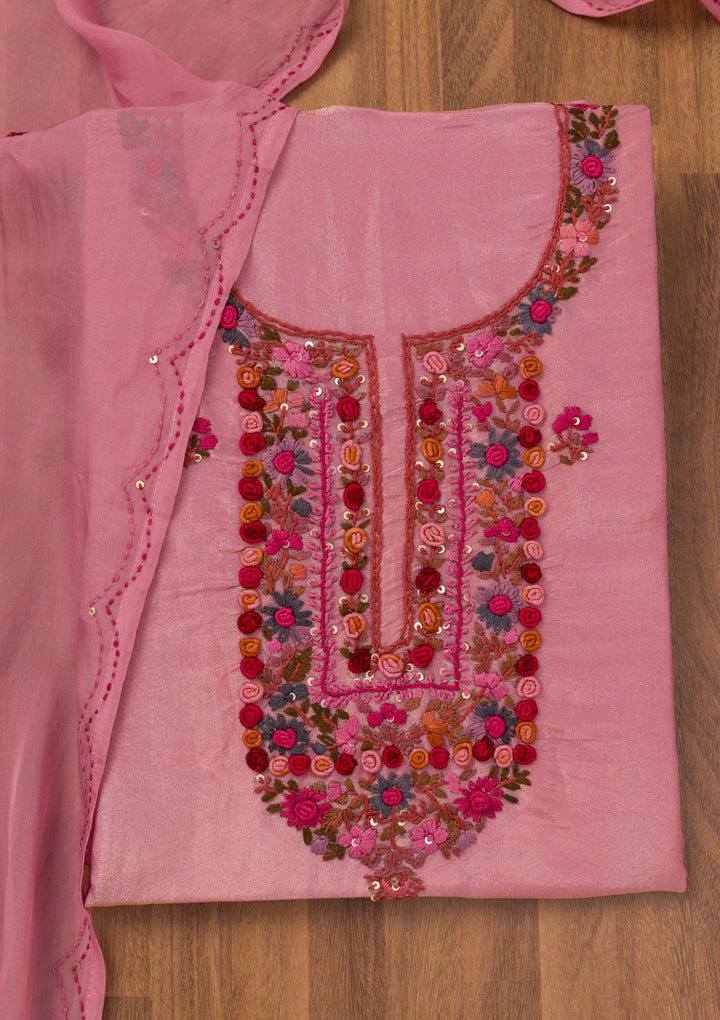 Onion Pink Threadwork Semi Crepe Unstitched Salwar Suit