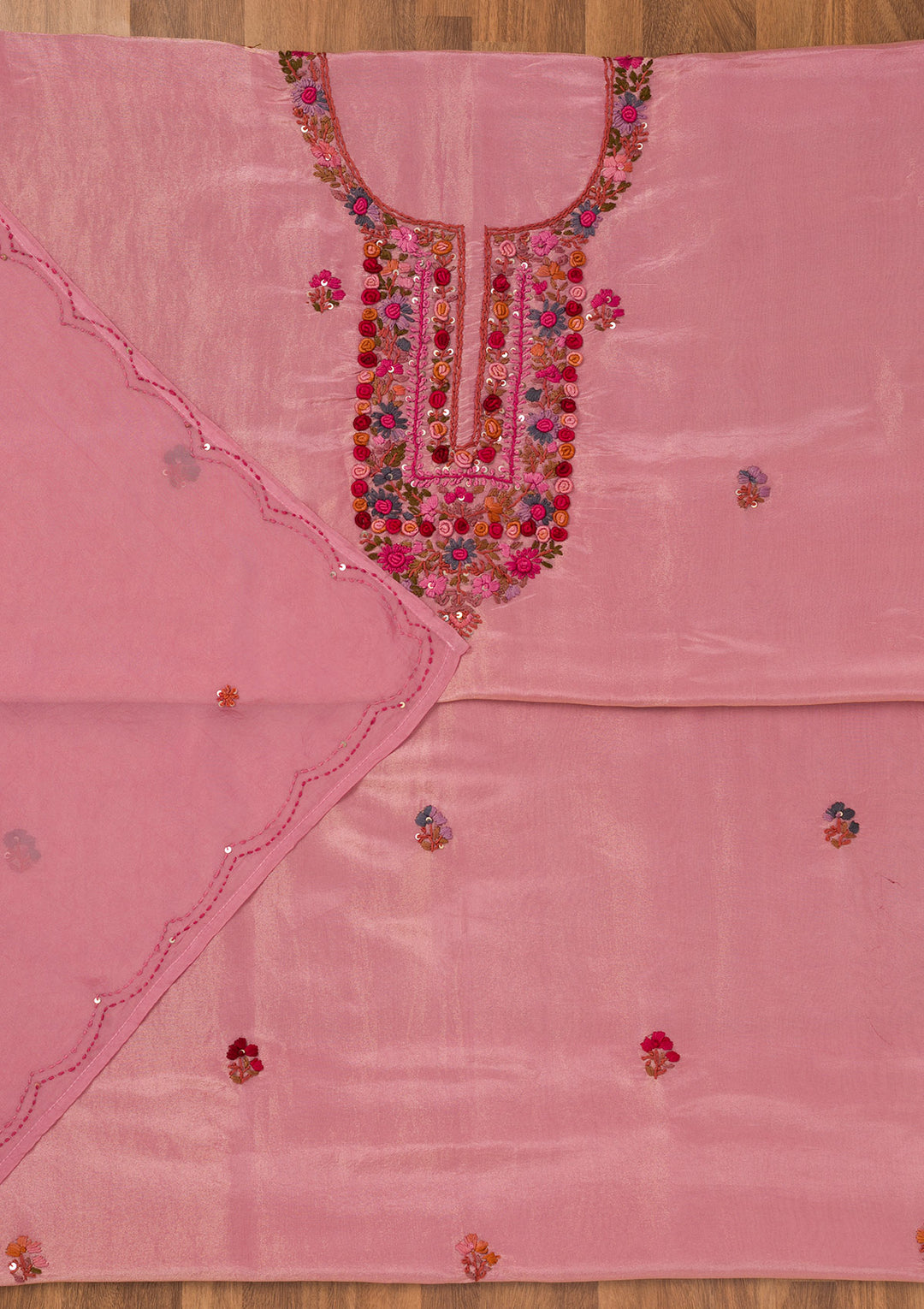 Onion Pink Threadwork Semi Crepe Unstitched Salwar Suit