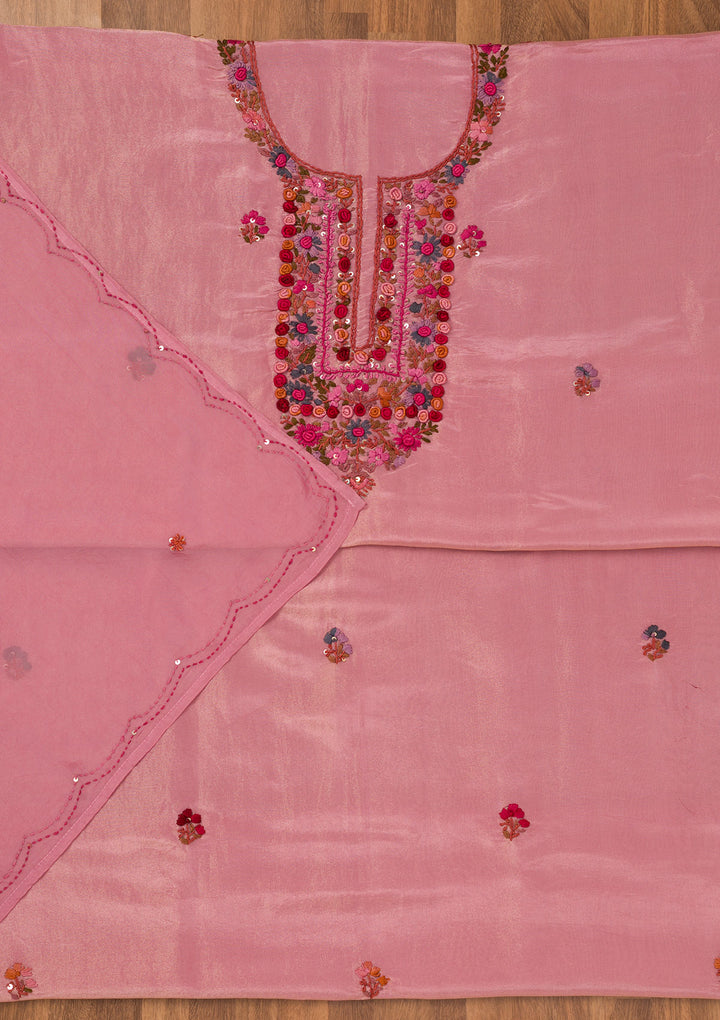 Onion Pink Threadwork Semi Crepe Unstitched Salwar Suit