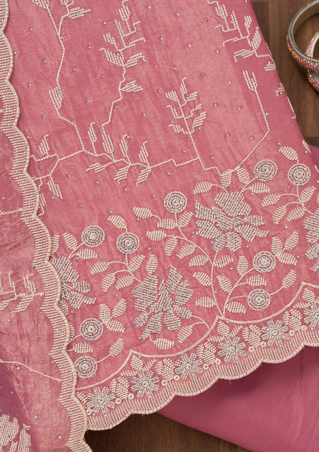 Onion Pink Threadwork Shimmer Unstitched Salwar Suit