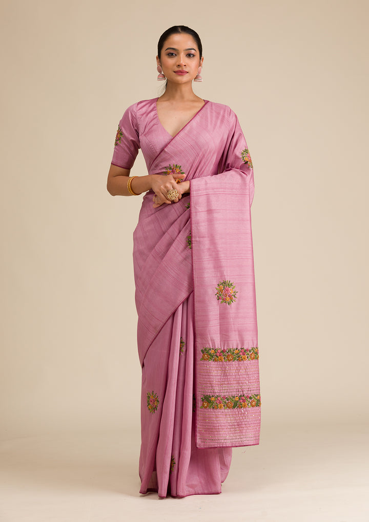 Onion Pink Threadwork Silk Saree