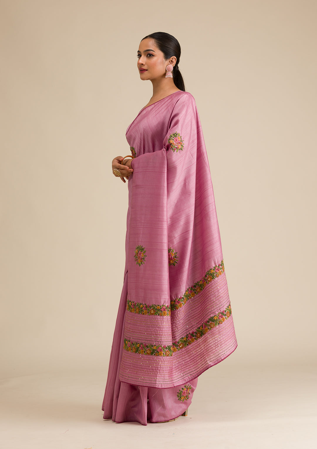 Onion Pink Threadwork Silk Saree