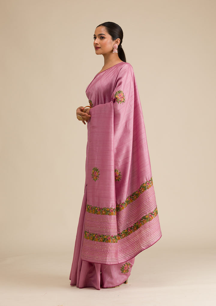 Onion Pink Threadwork Silk Saree