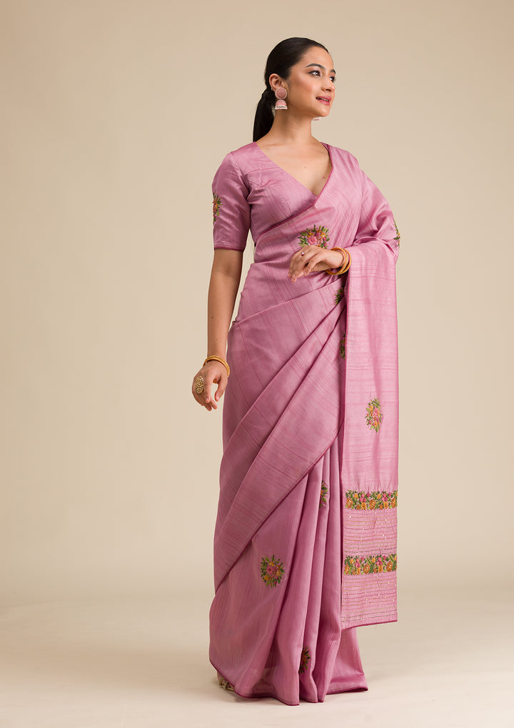 Onion Pink Threadwork Silk Saree