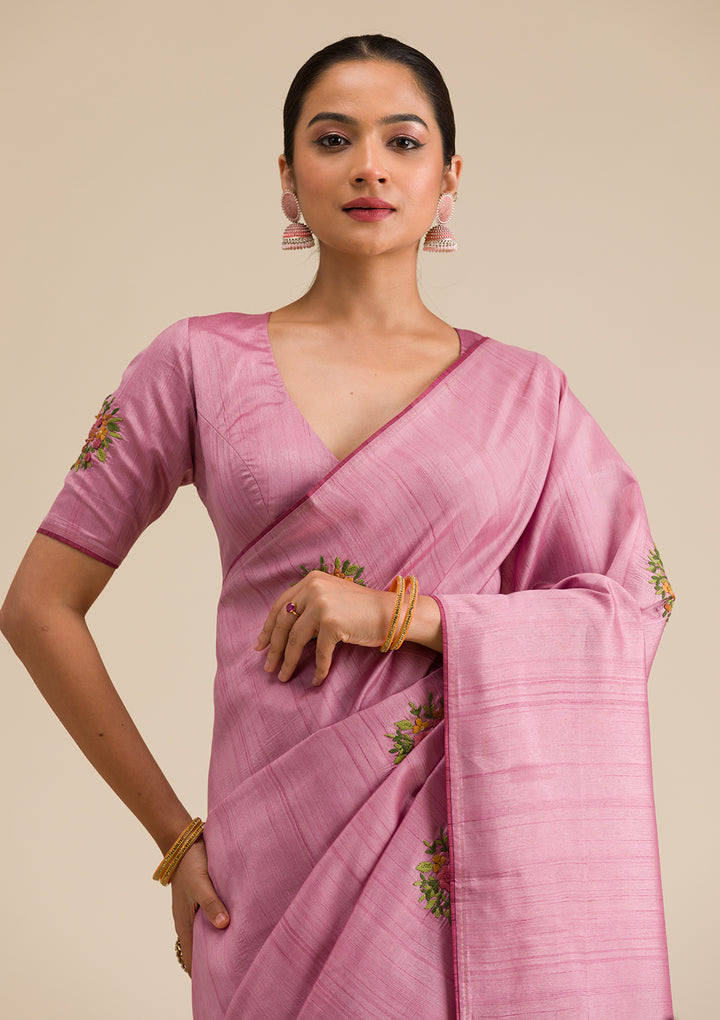 Onion Pink Threadwork Silk Saree