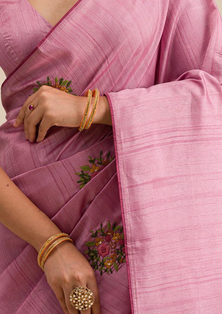 Onion Pink Threadwork Silk Saree