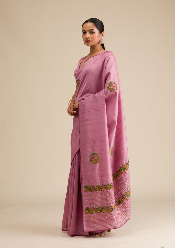 Onion Pink Threadwork Silk Saree