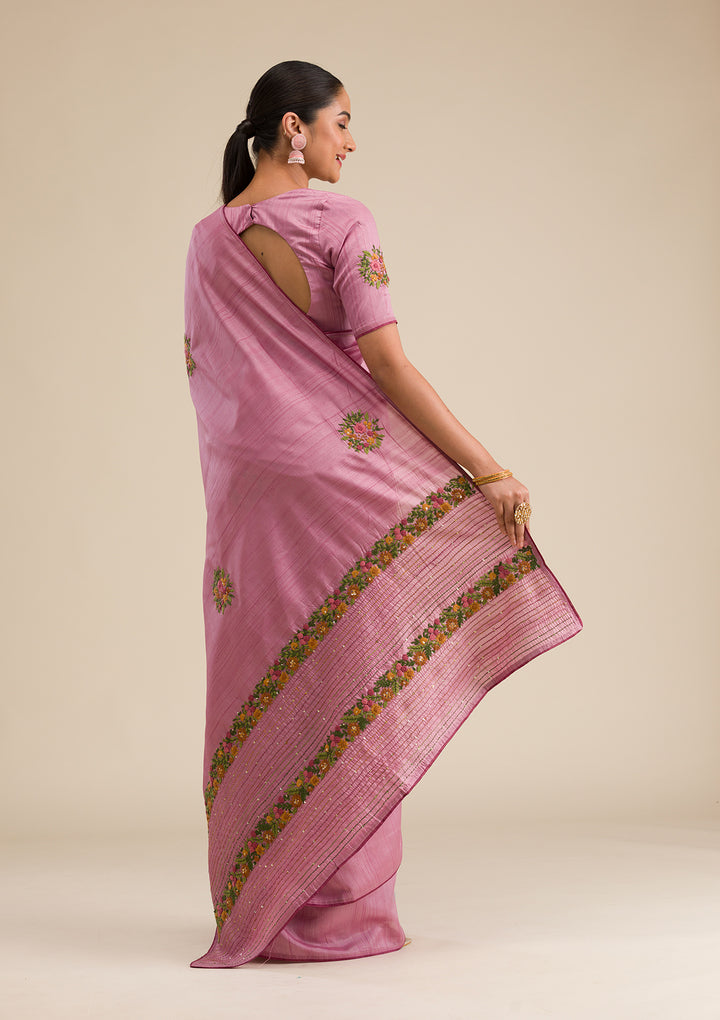 Onion Pink Threadwork Silk Saree