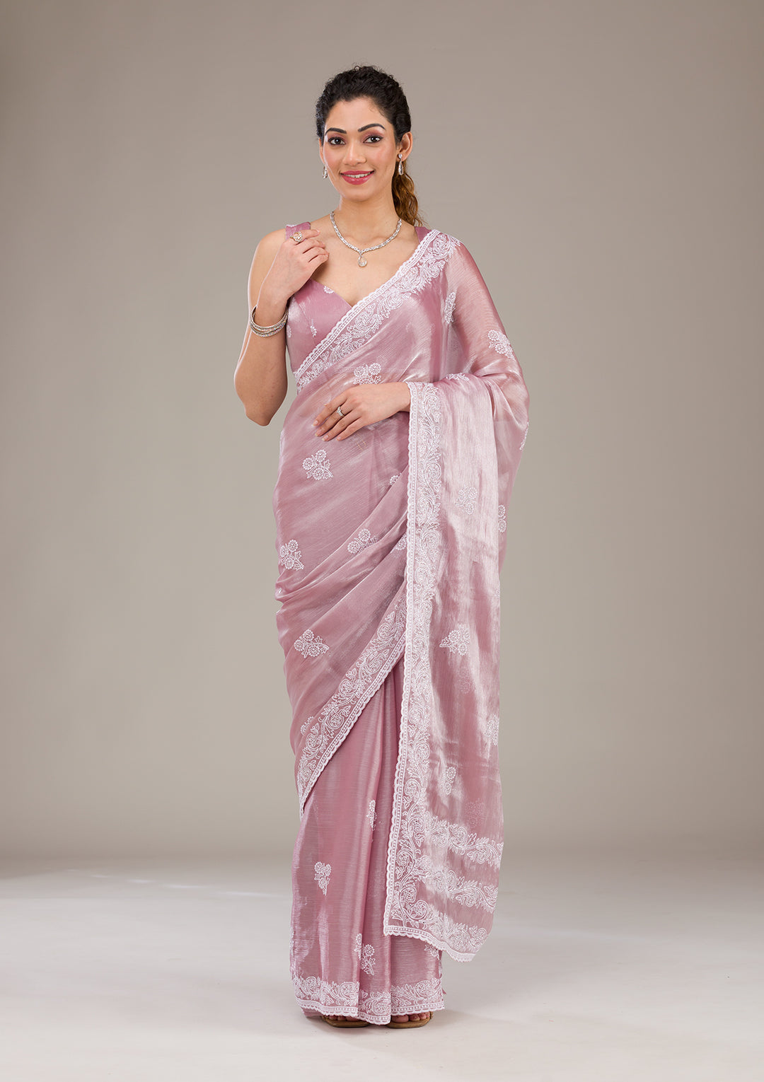 Onion Pink Threadwork Tissue Saree-Koskii