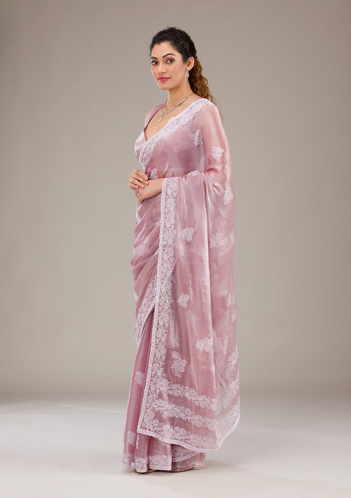 Onion Pink Threadwork Tissue Saree-Koskii