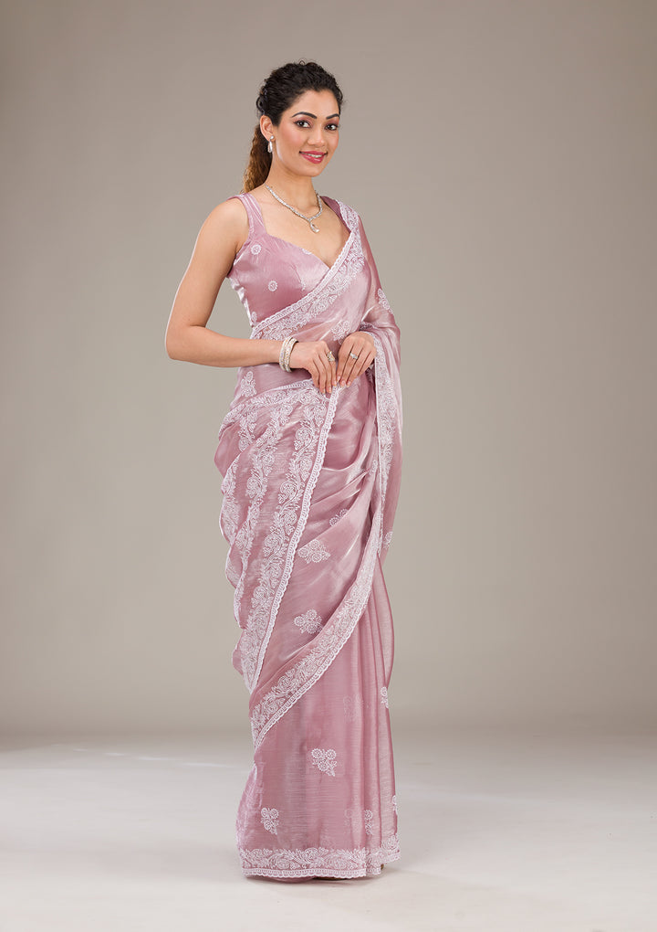 Onion Pink Threadwork Tissue Saree-Koskii