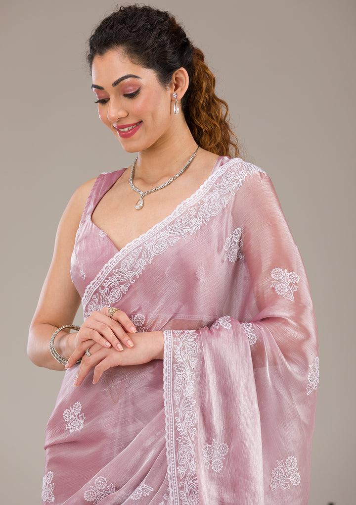 Onion Pink Threadwork Tissue Saree-Koskii