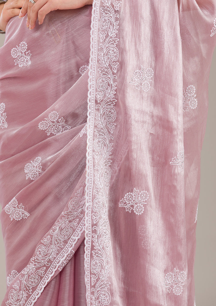 Onion Pink Threadwork Tissue Saree-Koskii
