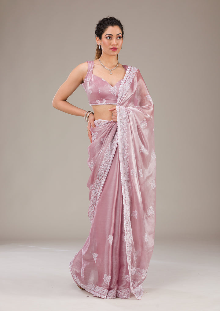 Onion Pink Threadwork Tissue Saree-Koskii