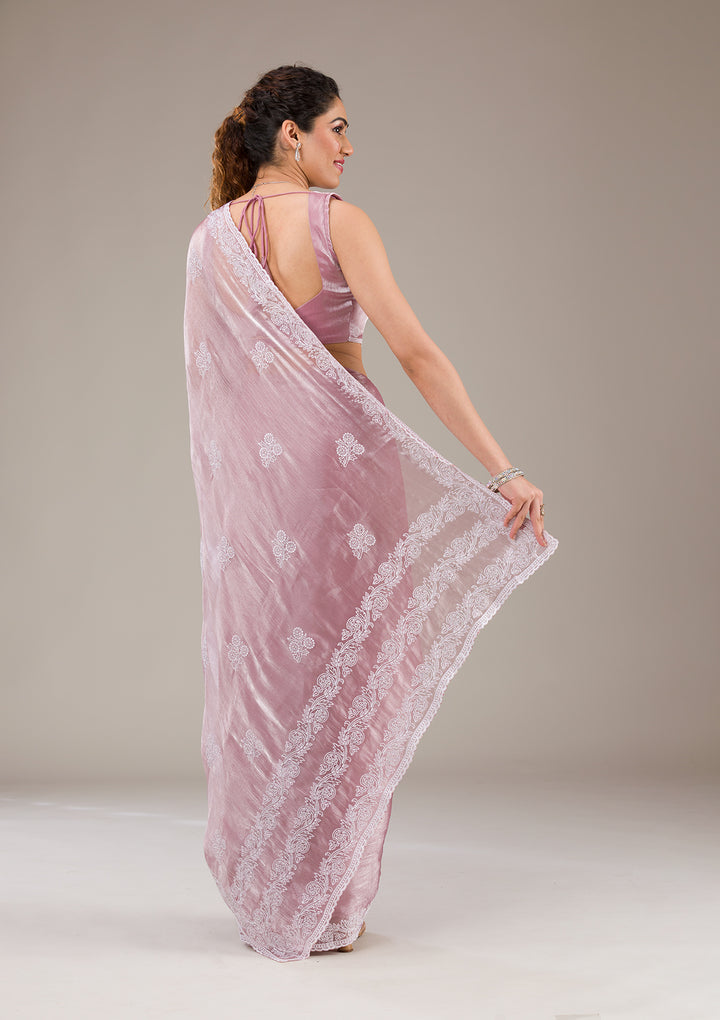 Onion Pink Threadwork Tissue Saree-Koskii
