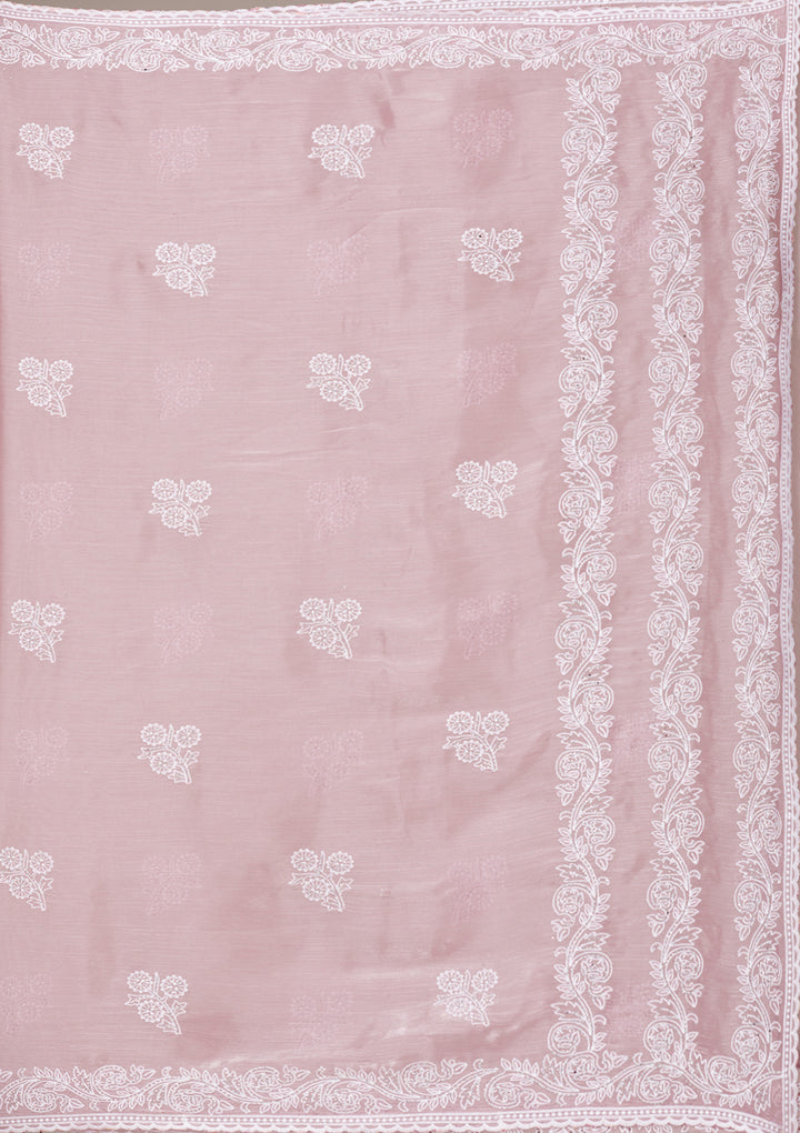 Onion Pink Threadwork Tissue Saree-Koskii