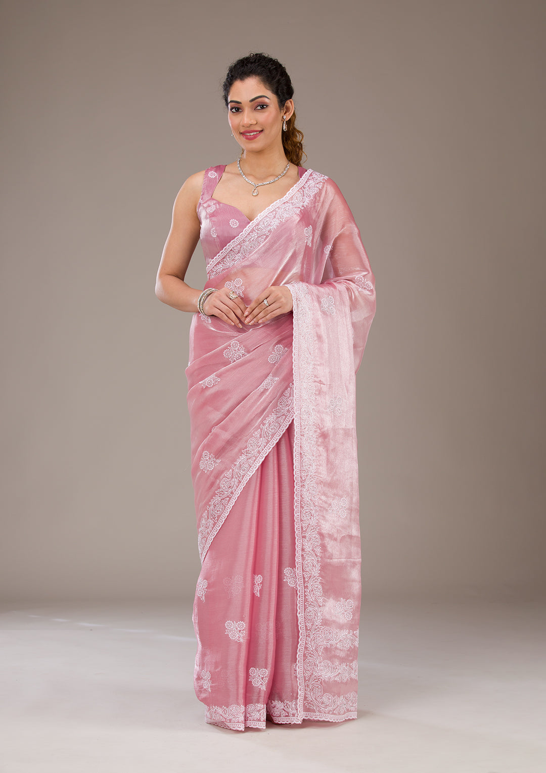Onion Pink Threadwork Tissue Saree-Koskii