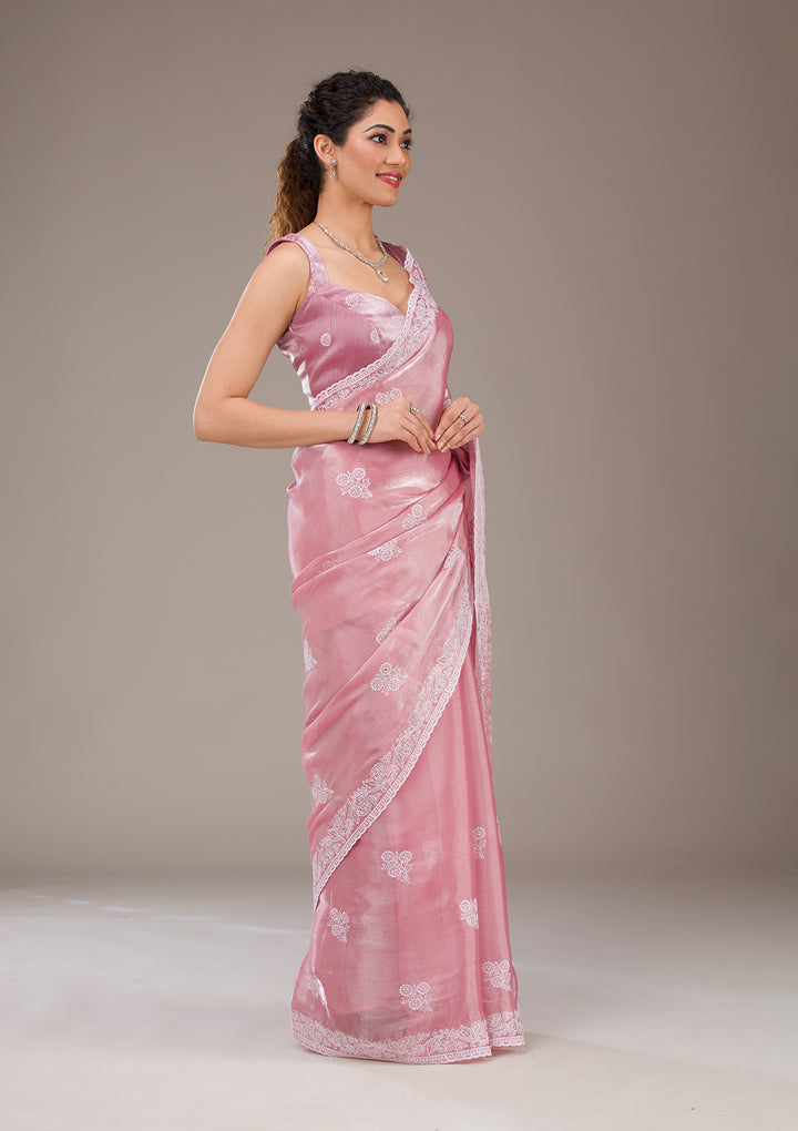 Onion Pink Threadwork Tissue Saree-Koskii