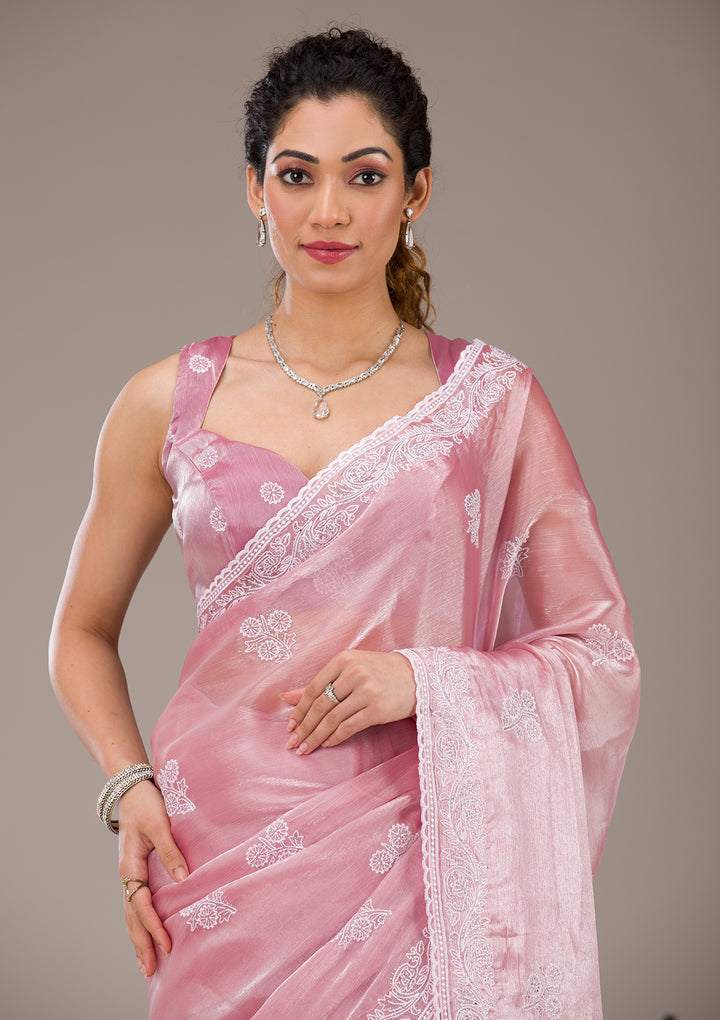 Onion Pink Threadwork Tissue Saree-Koskii