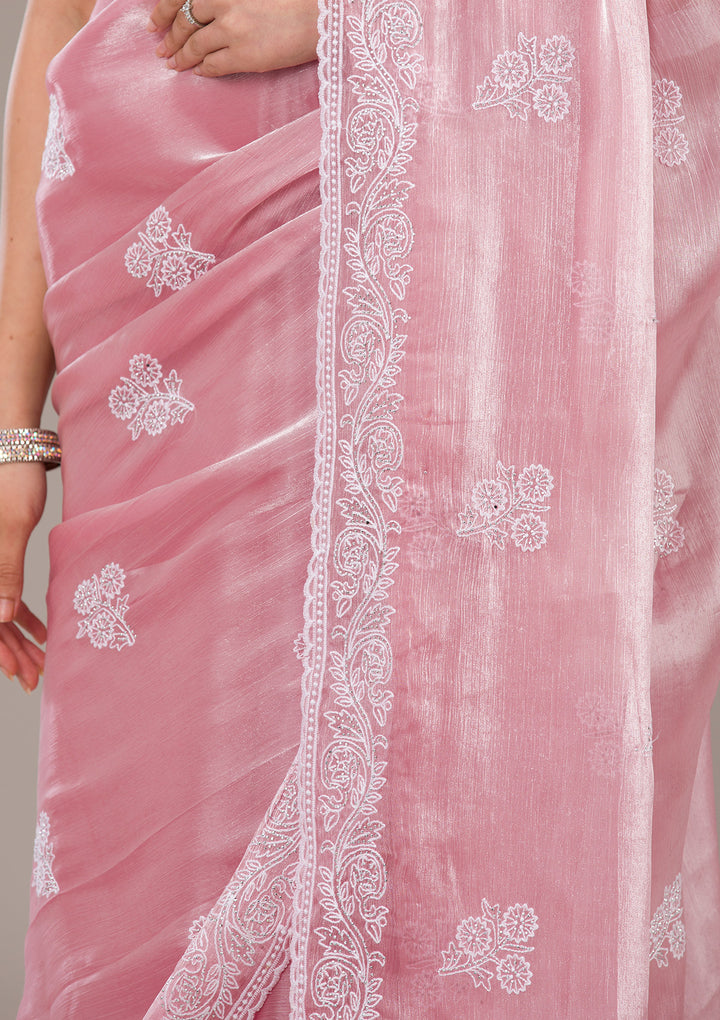Onion Pink Threadwork Tissue Saree-Koskii