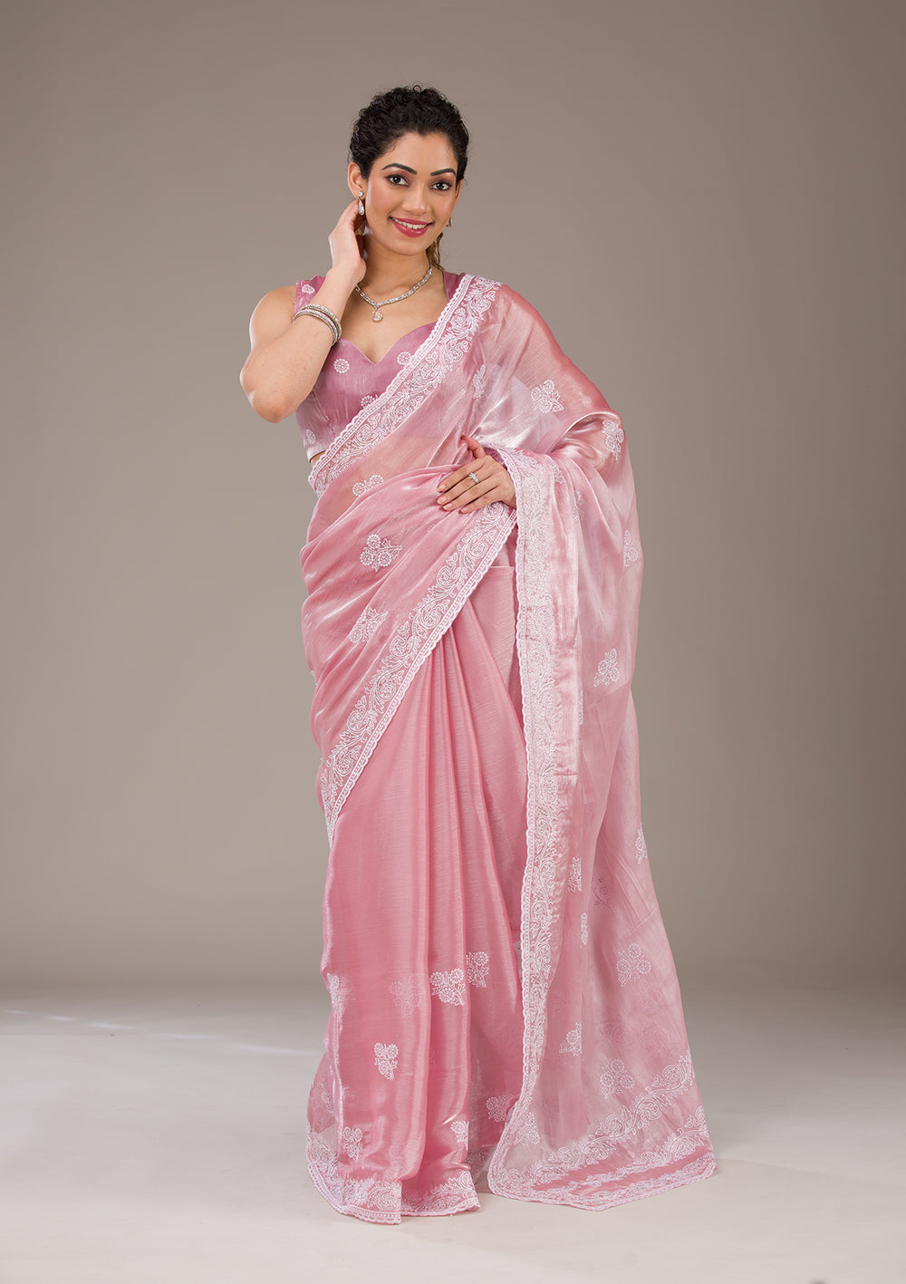 Onion Pink Threadwork Tissue Saree-Koskii