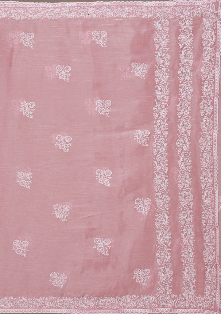 Onion Pink Threadwork Tissue Saree-Koskii
