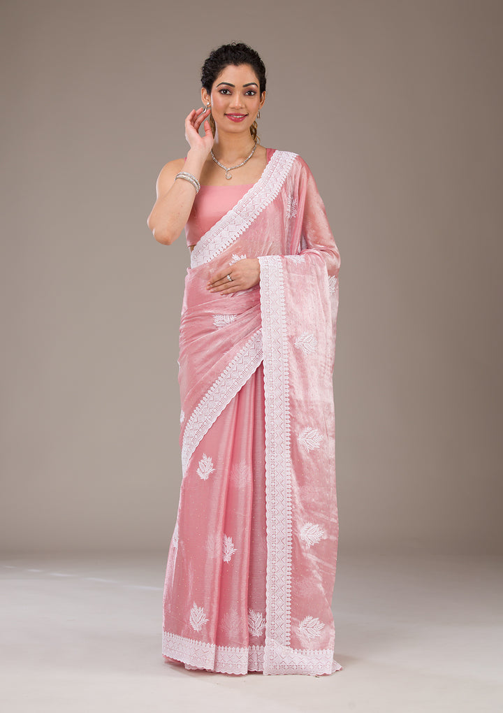 Onion Pink Threadwork Tissue Saree-Koskii