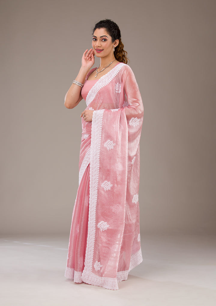 Onion Pink Threadwork Tissue Saree-Koskii