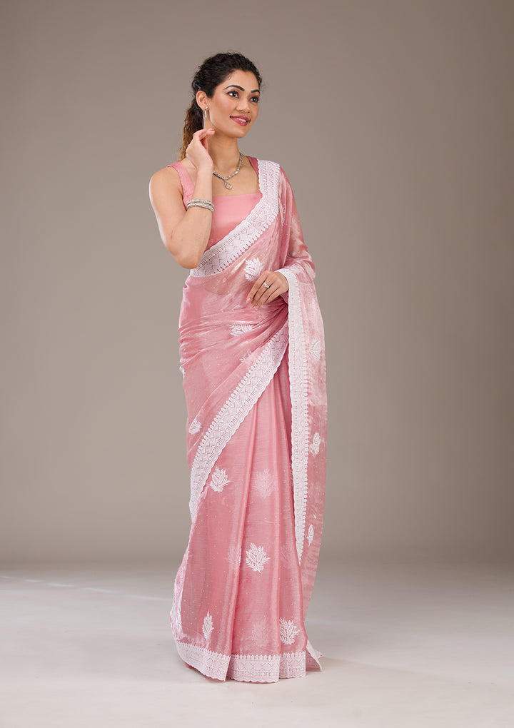 Onion Pink Threadwork Tissue Saree-Koskii