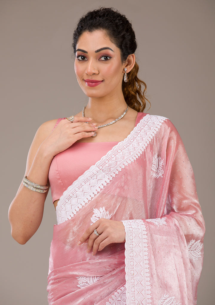Onion Pink Threadwork Tissue Saree-Koskii