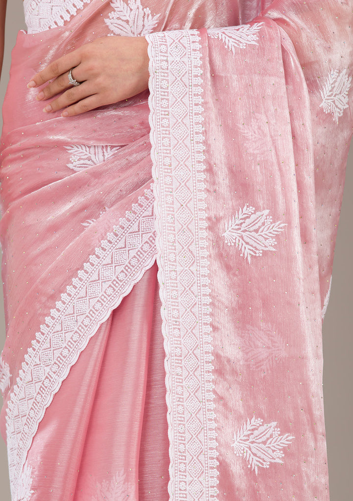 Onion Pink Threadwork Tissue Saree-Koskii