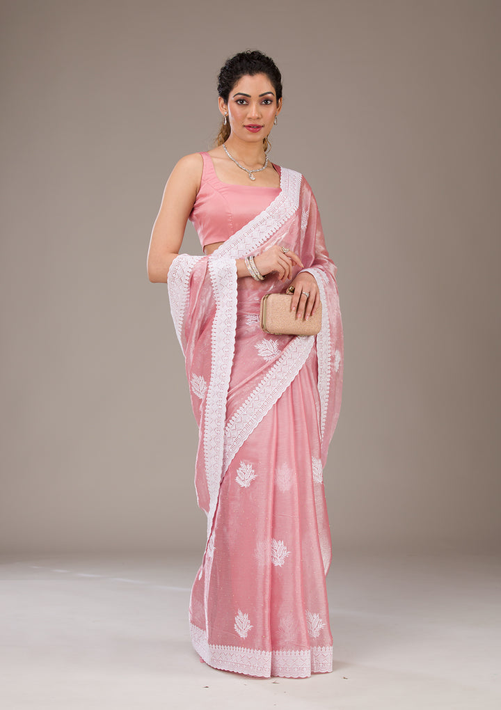 Onion Pink Threadwork Tissue Saree-Koskii