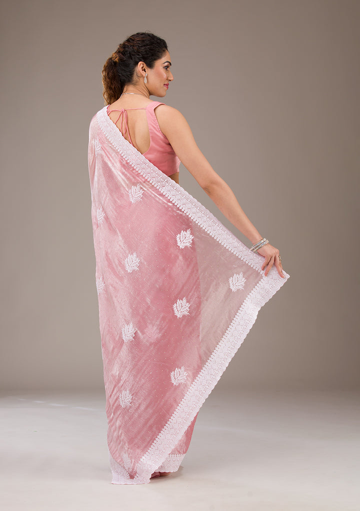 Onion Pink Threadwork Tissue Saree-Koskii
