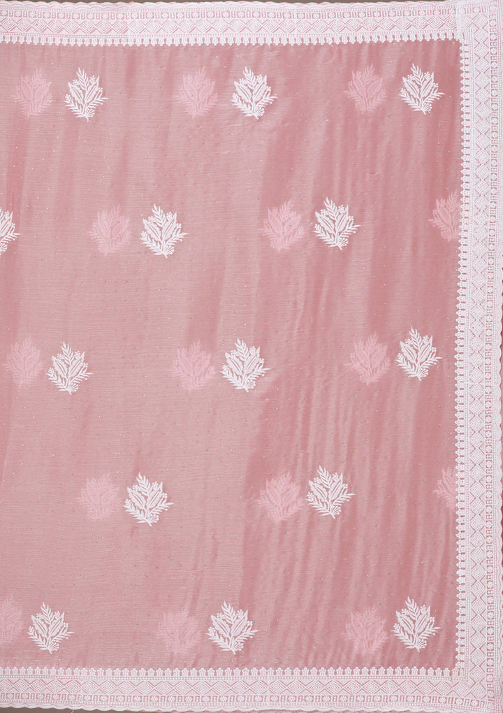 Onion Pink Threadwork Tissue Saree-Koskii