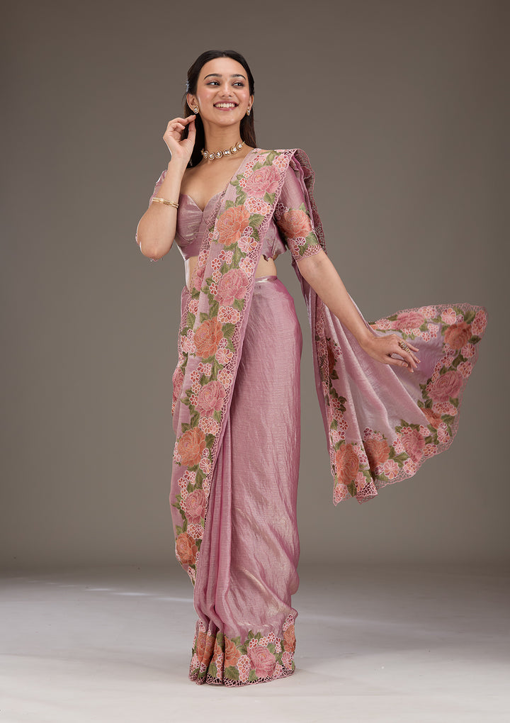 Onion Pink Threadwork Tissue Saree