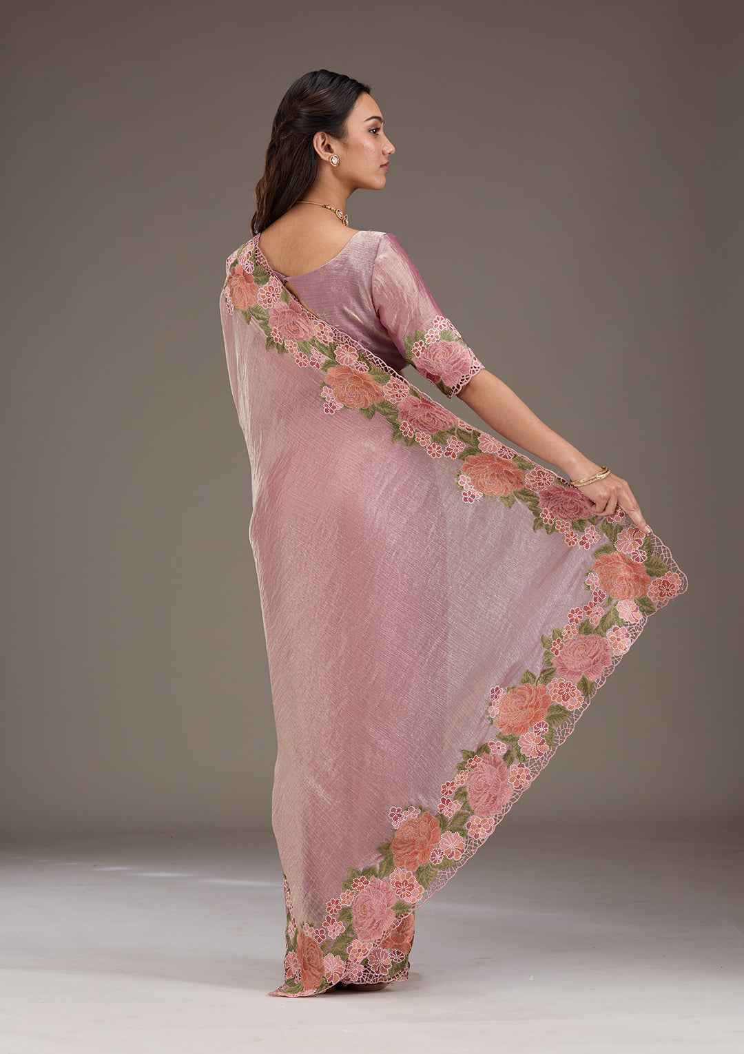 Onion Pink Threadwork Tissue Saree