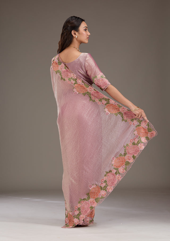 Onion Pink Threadwork Tissue Saree