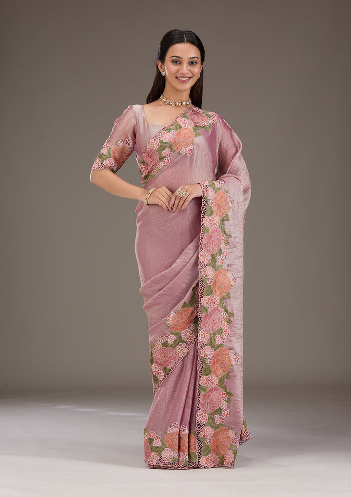 Onion Pink Threadwork Tissue Saree