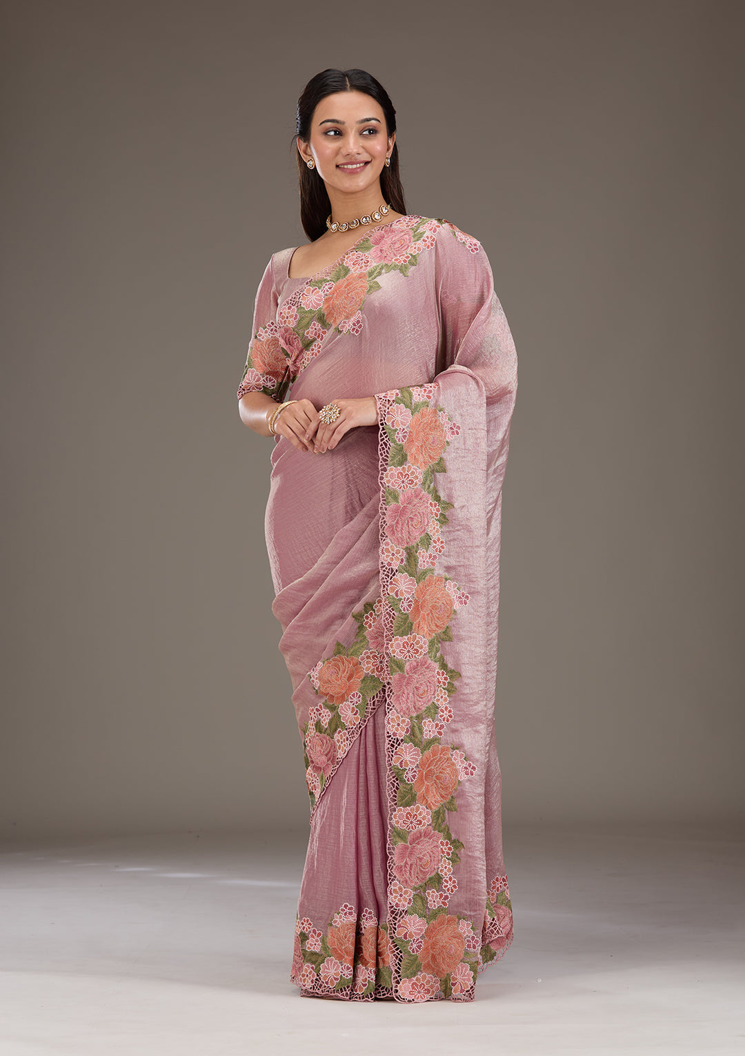 Onion Pink Threadwork Tissue Saree