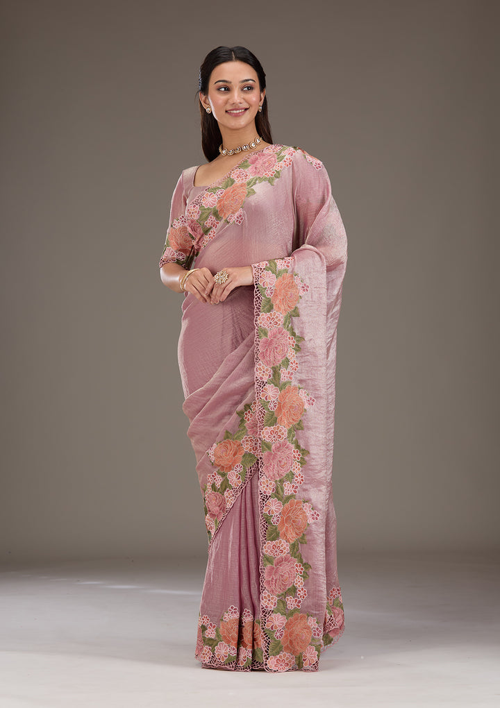 Onion Pink Threadwork Tissue Saree