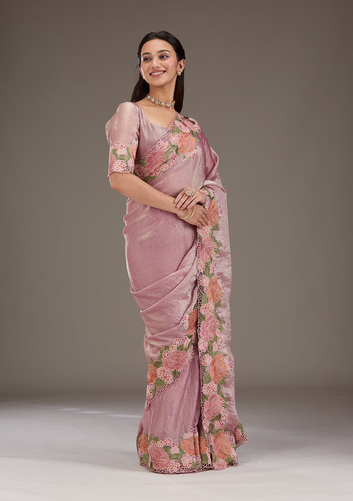 Onion Pink Threadwork Tissue Saree