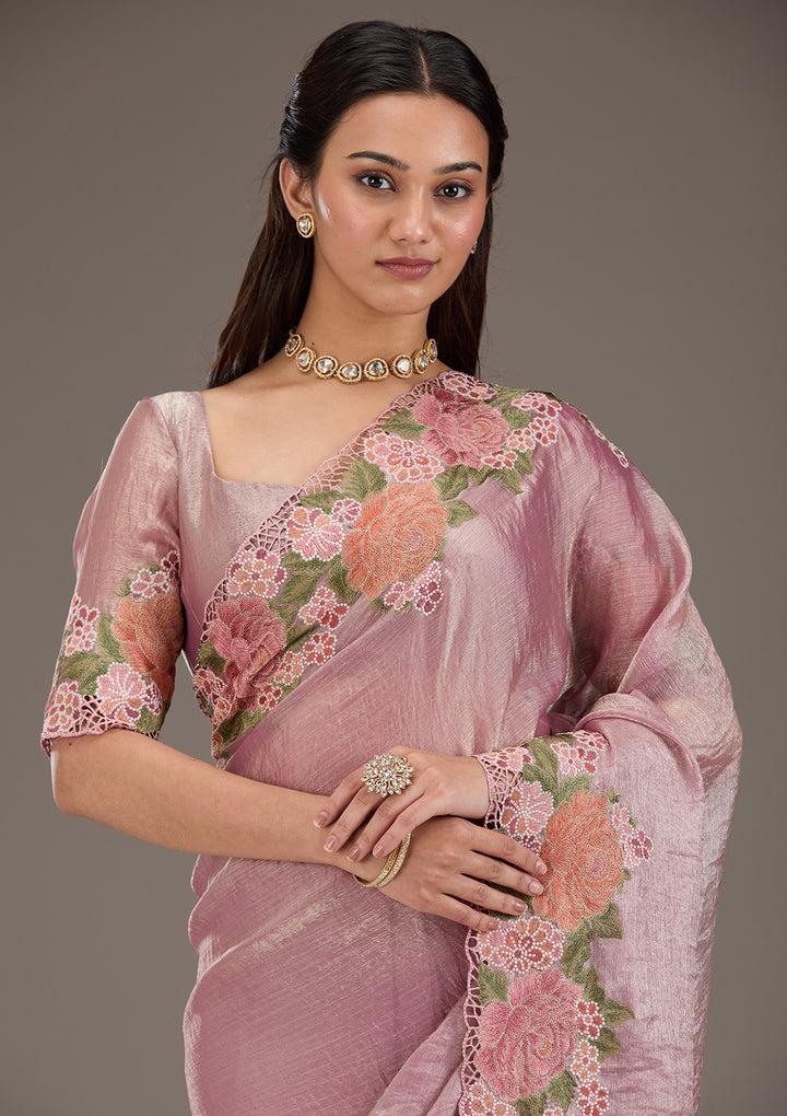 Onion Pink Threadwork Tissue Saree