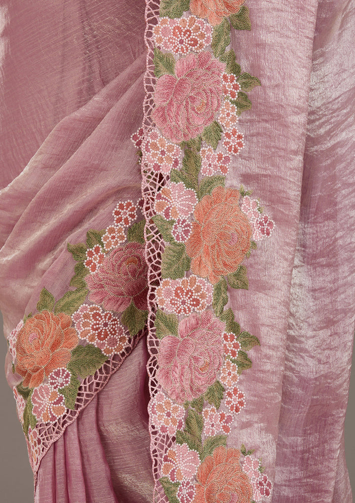 Onion Pink Threadwork Tissue Saree