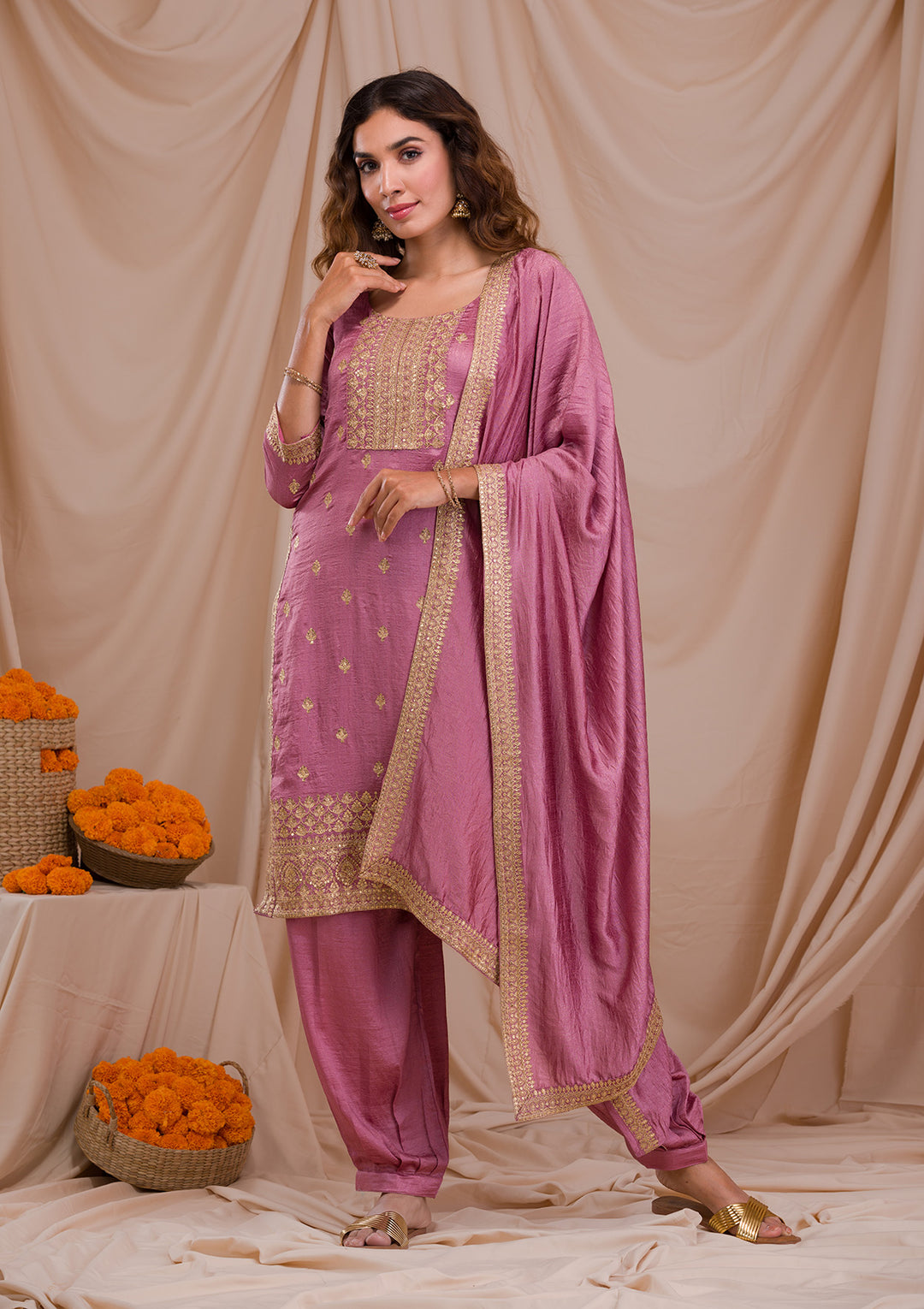 Onion Pink Zariwork Art Silk Readymade Salwar Suit-Koskii