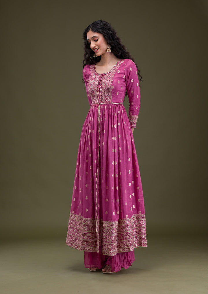 Onion Pink Zariwork Banarasi Silk Readymade Salwar Suit