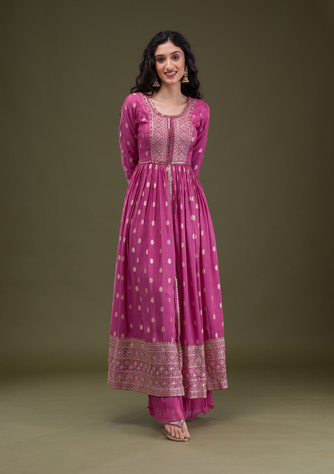 Onion Pink Zariwork Banarasi Silk Readymade Salwar Suit