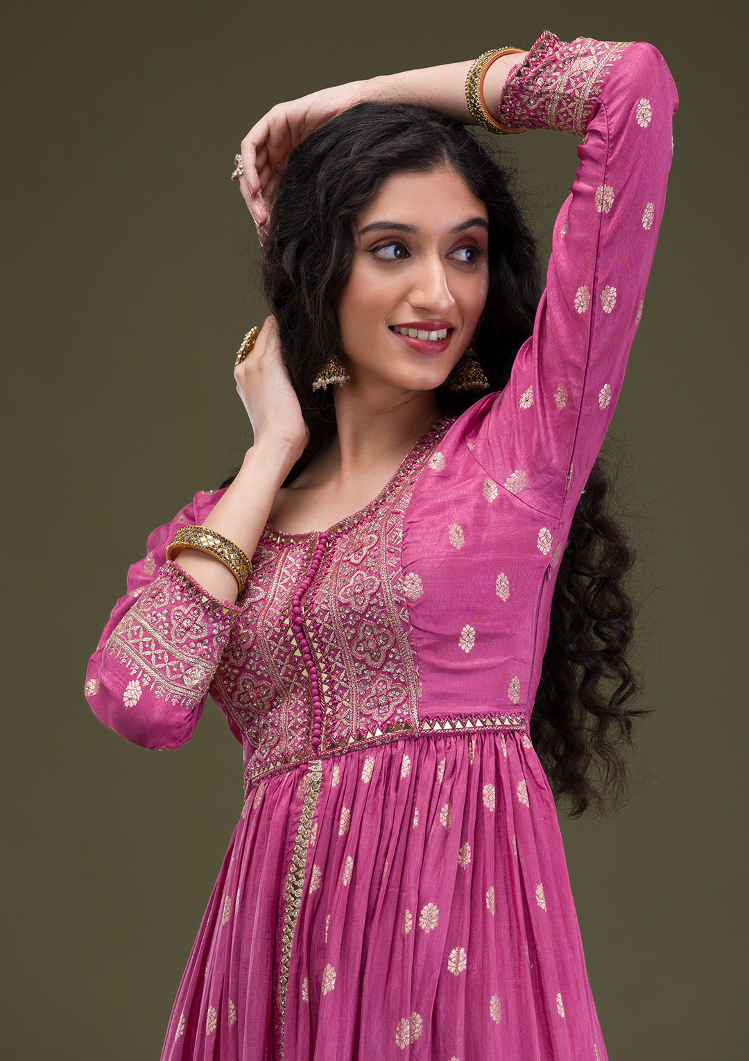 Onion Pink Zariwork Banarasi Silk Readymade Salwar Suit