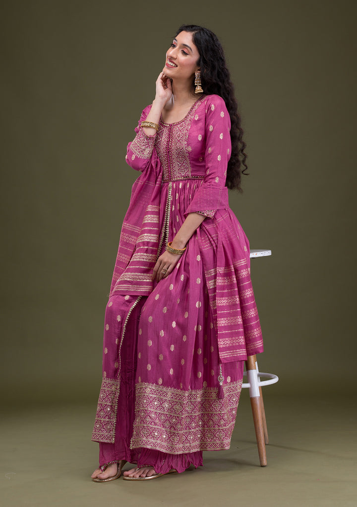 Onion Pink Zariwork Banarasi Silk Readymade Salwar Suit