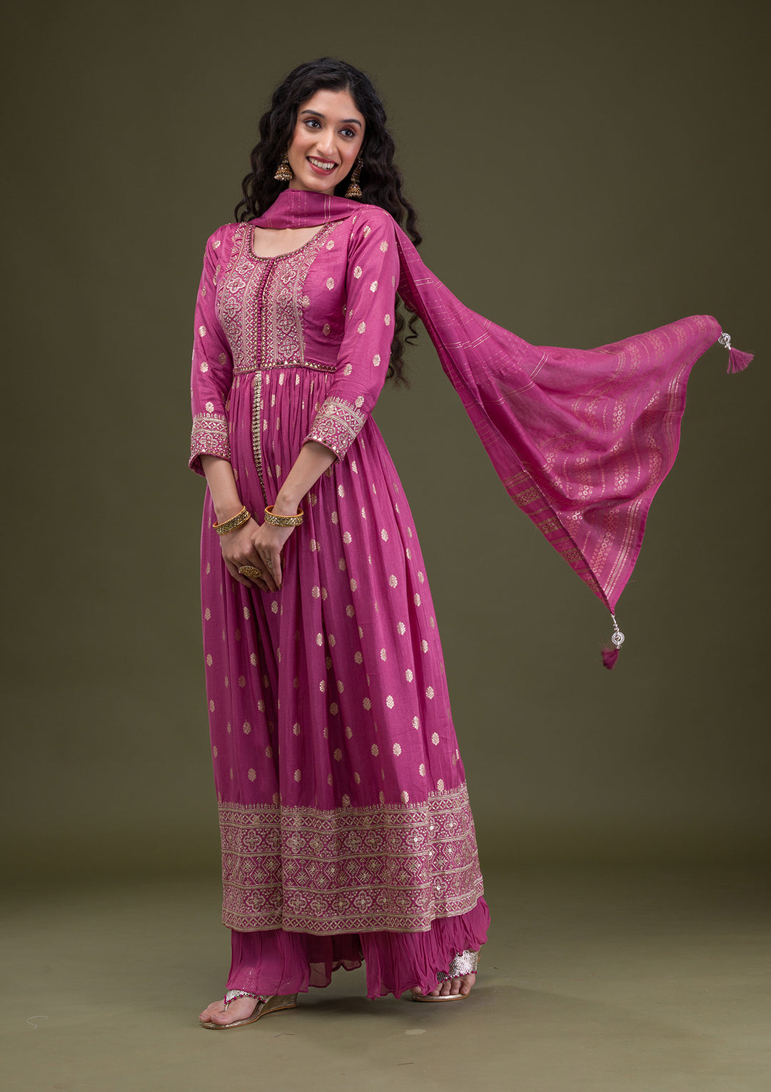 Onion Pink Zariwork Banarasi Silk Readymade Salwar Suit
